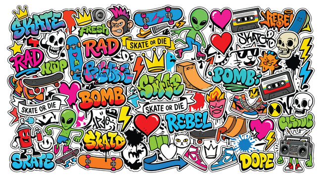 Skate culture sticker bomb collection with graffiti lettering, urban icons, and cartoon characters