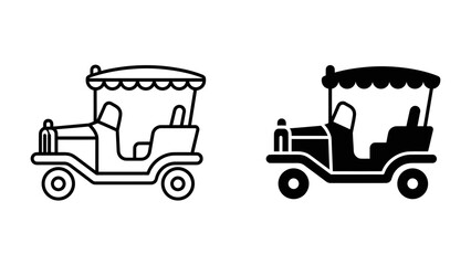 Vintage Car Icon: A classic vintage car is depicted in two styles: an outline and a silhouette, perfect for automotive themes and historical representations. © abu
