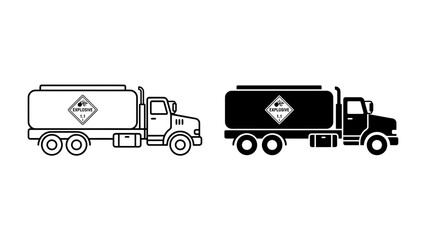Tanker Truck Icons: A set of icons depicting a tanker truck, one in outline and the other in solid black, representing transport and logistics for liquids or hazardous materials. © maliha