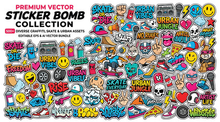 Premium vector sticker bomb collection featuring 500 diverse graffiti, skate, and urban assets © S.Siam