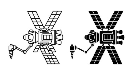 Space Station Vector Illustration: A minimalist vector illustration of a space station, featuring solar panels, a robotic arm with a drill, and thrusters. © Jawwad