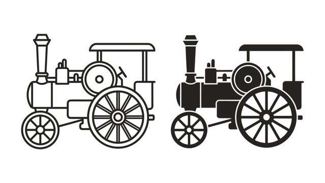 Vintage Steam Traction Engine: Two vintage steam traction engines, one in outline and one in silhouette, stand as a testament to industrial heritage and engineering innovation.