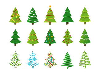 Obraz premium Set of fifteen stylized Christmas tree vector icons featuring various minimalist designs, festive patterns, and holiday shapes for seasonal graphic projects
