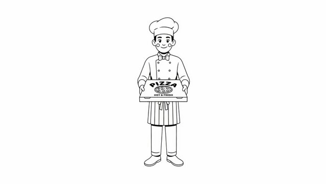 Professional male chef holding a fresh cardboard pizza delivery box