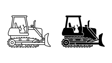 Bulldozer Illustration: A side-by-side illustration of a bulldozer, presented in both line art and silhouette form, showcasing its robust design and machinery. © Mamun