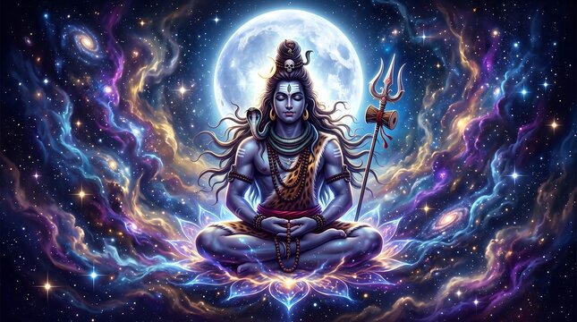  Cosmic Lord Shiva Meditation - Blue Nebula and Glowing Full Moon Jata
