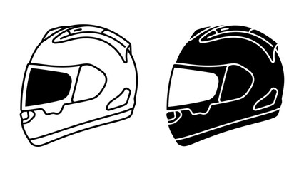 Racing Helmets Silhouette: Two stylized racing helmets, one in outline and the other in solid black, presented side-by-side, representing speed and protection. © mahfuz