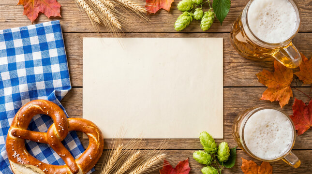 Blank paper sheet with beer mugs and pretzel on wooden table.