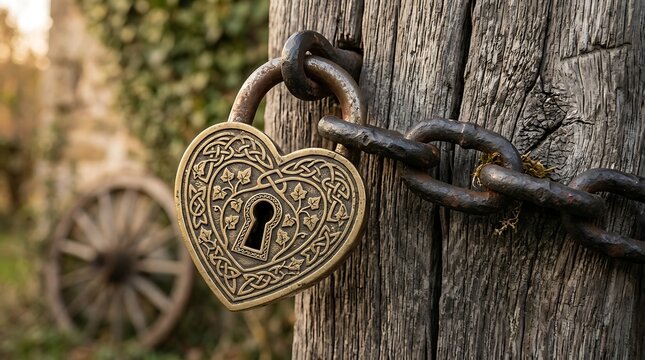 Vintage heart shaped padlock secured on old wooden door with iron chain