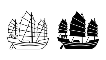 Junk Ship: A classic junk ship, a traditional sailing vessel with multiple sails, is depicted in both outline and silhouette forms, representing maritime heritage and nautical design. © maliha