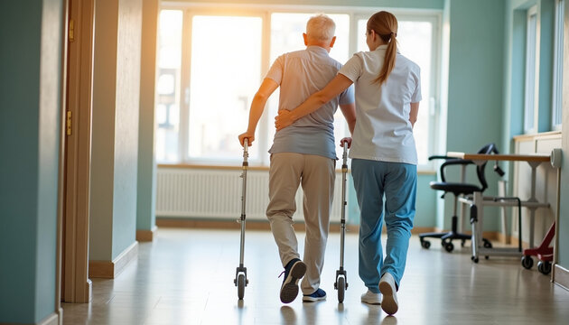Elderly patient walking assistance in hospital corridor with healthcare worker providing support.