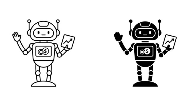Friendly Robot with Growth Chart: A charming robot character, depicted in both outline and solid black, waves hello while holding a tablet displaying a rising stock graph and a coin symbol.