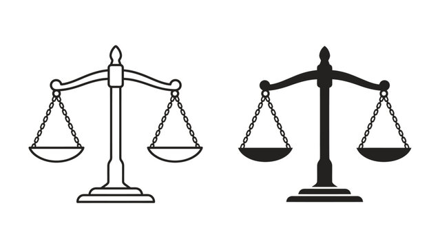Scales of Justice: Two stylized icons representing the scales of justice, one outlined and the other solid black, symbolize fairness, balance, and legal equilibrium.
