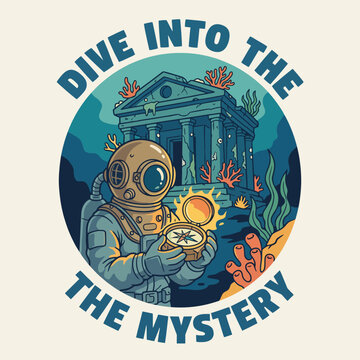 This intriguing design features an old diving suit and a ruins backdrop, inviting viewers to explore the mysteries of the ocean and the stories hidden beneath its depths.