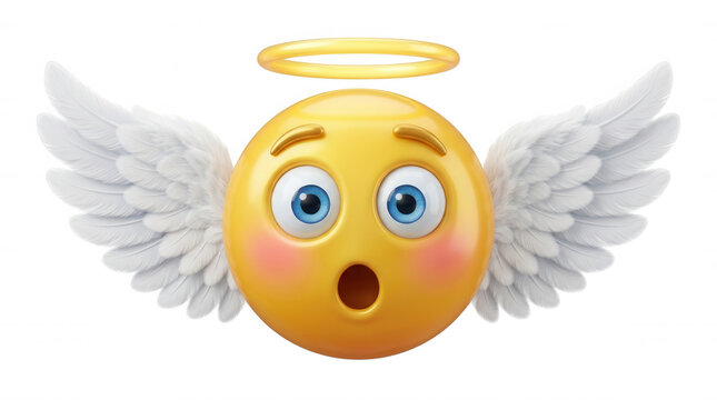 Surprised yellow angel emoji with wings and halo isolated on a transparent background