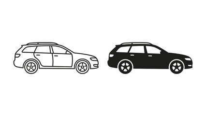 Fototapeta premium Station Wagon Icons: A side profile illustration of a station wagon in outline and solid black, showcasing the vehicle's design and form.