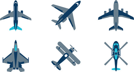 Airplane and Helicopter Vector Icon Set with Commercial Aircraft Military Jet and Propeller Plane Views for Aviation Travel Industry Designs © leo
