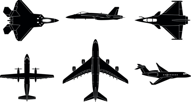 Military Jet and Commercial Airplane Black Silhouette Vector Set with Fighter Aircraft Passenger Planes and Private Jet Views for Aviation Designs