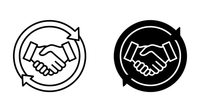 Business Deal Icon: A stylized icon depicting a handshake within a circular arrow motif, symbolizing agreement, partnership, and business transactions.