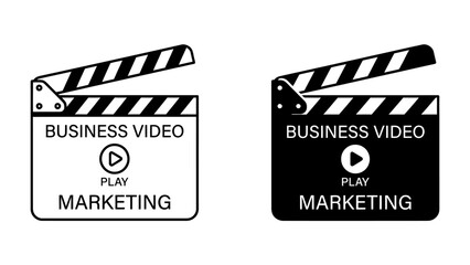 Naklejka premium Clapperboard Icon for Video Marketing: Two distinct clapperboard icons, one in white and one in black, featuring the text BUSINESS VIDEO PLAY MARKETING.