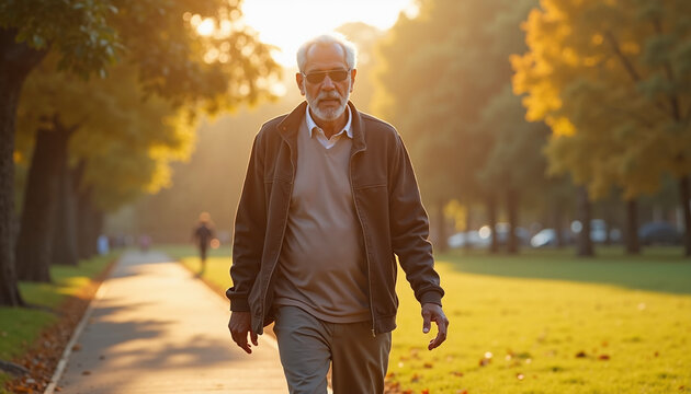 Elderly man walking in park during autumn with golden leaves and soft sunlight. Peaceful atmosphere with senior enjoying nature while strolling.