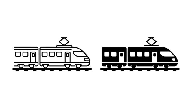 Modern Train Icons: A set of sleek, modern train icons presented in both outline and silhouette styles, symbolizing high-speed rail travel and public transportation.