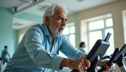 Fototapeta premium Senior man exercising in gym on stationary bike while focusing on workout. Exercising includes maintaining fitness and health in modern gym interior. Concept senior fitness for lifestyle improvement.