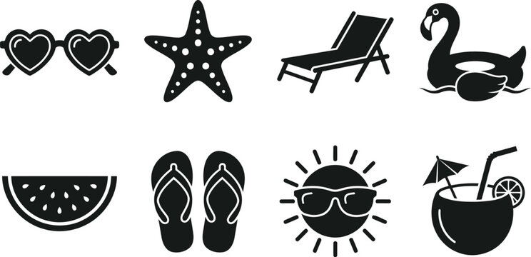 Summer vacation icons including sunglasses beach chair and watermelon silhouette