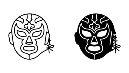 Lucha Libre Mask Duo: A striking illustration featuring two distinct lucha libre masks, one in a bold black silhouette and the other a clean outline. © Mamun
