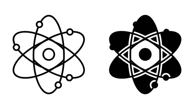Atomic Structure Symbols: Two stylized representations of an atom, one in line art and the other as a solid silhouette, showcase the iconic nucleus and orbiting electrons.