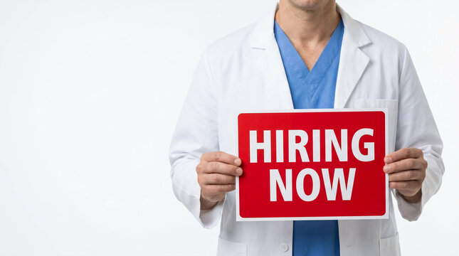 Healthcare professional holding hiring now sign in modern medical setting