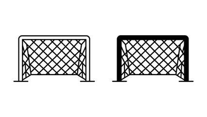 Soccer Goal Icons: Two minimalist line art icons of a soccer goal, one in outline and the other filled with black, presented side-by-side. © Jawwad