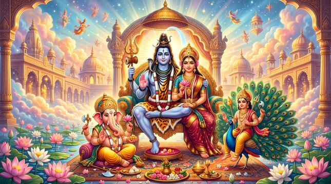  Divine Hindu Family Portrait Shiva, Parvati, Ganesha, Kartikeya on Celestial Throne