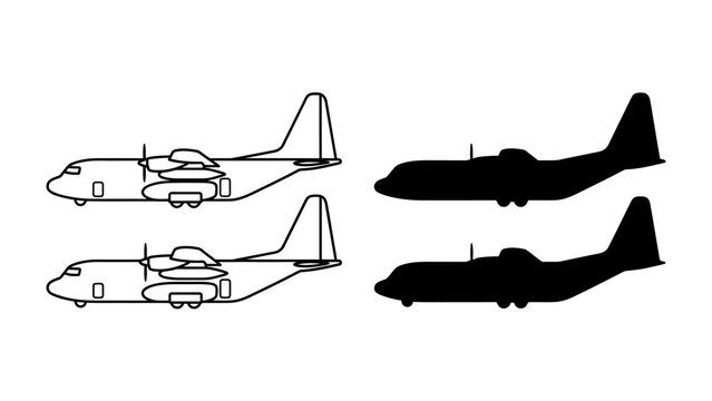 Propeller Plane Silhouettes: Two detailed line drawings and two solid black silhouettes of a propeller-driven cargo airplane showcase its distinctive four-engine design and robust structure.