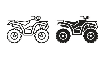 Quad Bike Icon and Silhouette: Two distinct representations of a quad bike, one as a clean line art icon and the other as a bold solid silhouette. © mahmuda