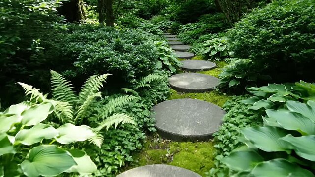 Circular stepping stone path through lush green garden