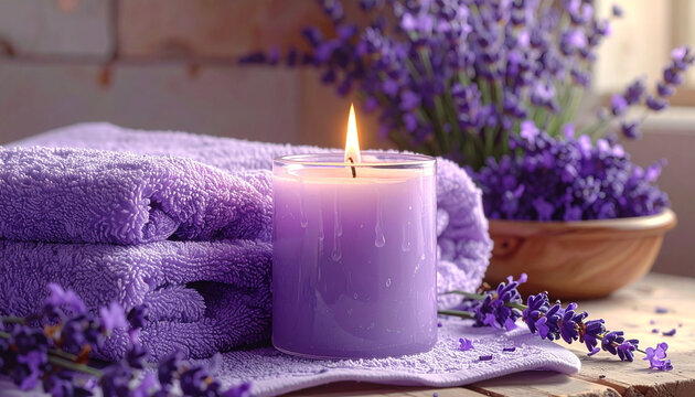 Lavender candle with plush towels and floral arrangements for spa