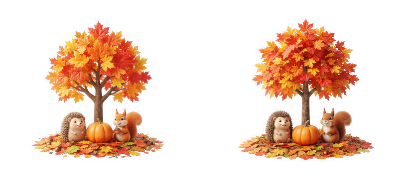 Two autumn trees with vibrant fall foliage, a pumpkin, a hedgehog, and a squirrel isolated on transparent background