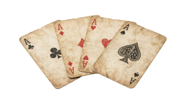 Four vintage playing cards showing all four aces isolated on transparent background