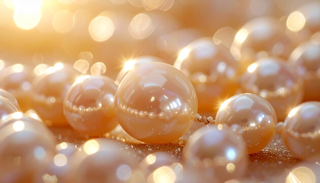 Luxurious strand of pearls with soft golden light and bokeh