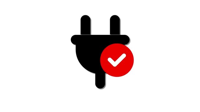 Electric plug sign with a check mark. Symbol indicating the plug is correctly connected or functioning.