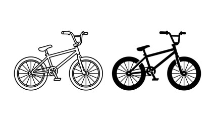 Fototapeta premium BMX Bicycle Illustration: A detailed illustration showcasing two BMX bicycles, one in outline and the other in solid black, highlighting their unique frame design and compact wheels.