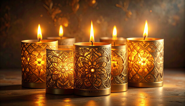 Ornate gold lanterns with lit candles in decorative holders