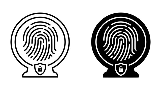 Fingerprint Security Icons: A set of graphic icons featuring a fingerprint within a circular frame, accompanied by a shield symbol representing security and protection.