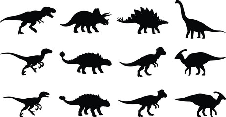 “Collection of twelve dinosaur silhouette vector illustrations featuring prehistoric species with distinct shapes, horns, plates, and long necks” © SHANJIDA
