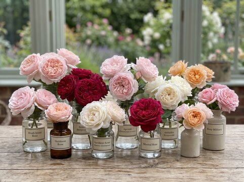 Arrangement of assorted pastel english roses in glass jars on wooden table with arrangement