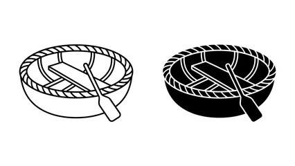 Rowboat Icons: Two simple, stylized icons of a rowboat, one in outline and the other in solid black, featuring oars and a textured rim, perfect for representing watercraft or simple nautical themes. © Tahura