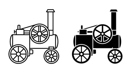Steam Engine Iconography: Two stylized icons of a steam engine, one in outline and the other in solid black, represent industrial power and historical transportation. © sanjida
