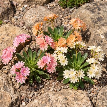 Colorful lewisia flowers blooming in a rocky garden bed under bright sunlight with blooming