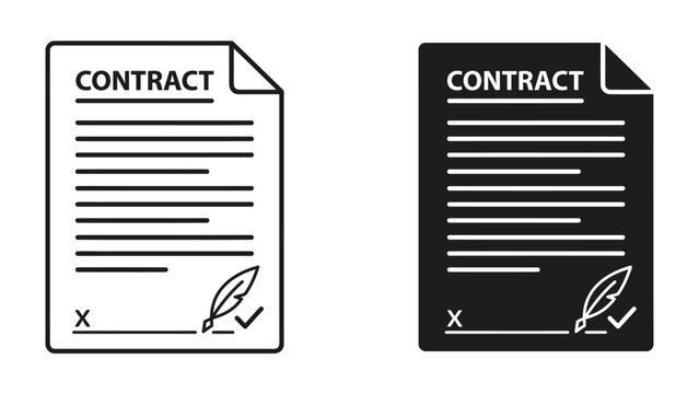Contract Document: Two stylized illustrations of a contract document, one in black and white and the other in negative black, depicting the formal agreement with lines for text, signature area.